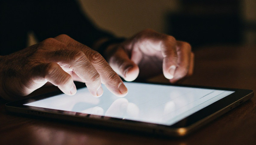Experienced hands using a tablet in low light
